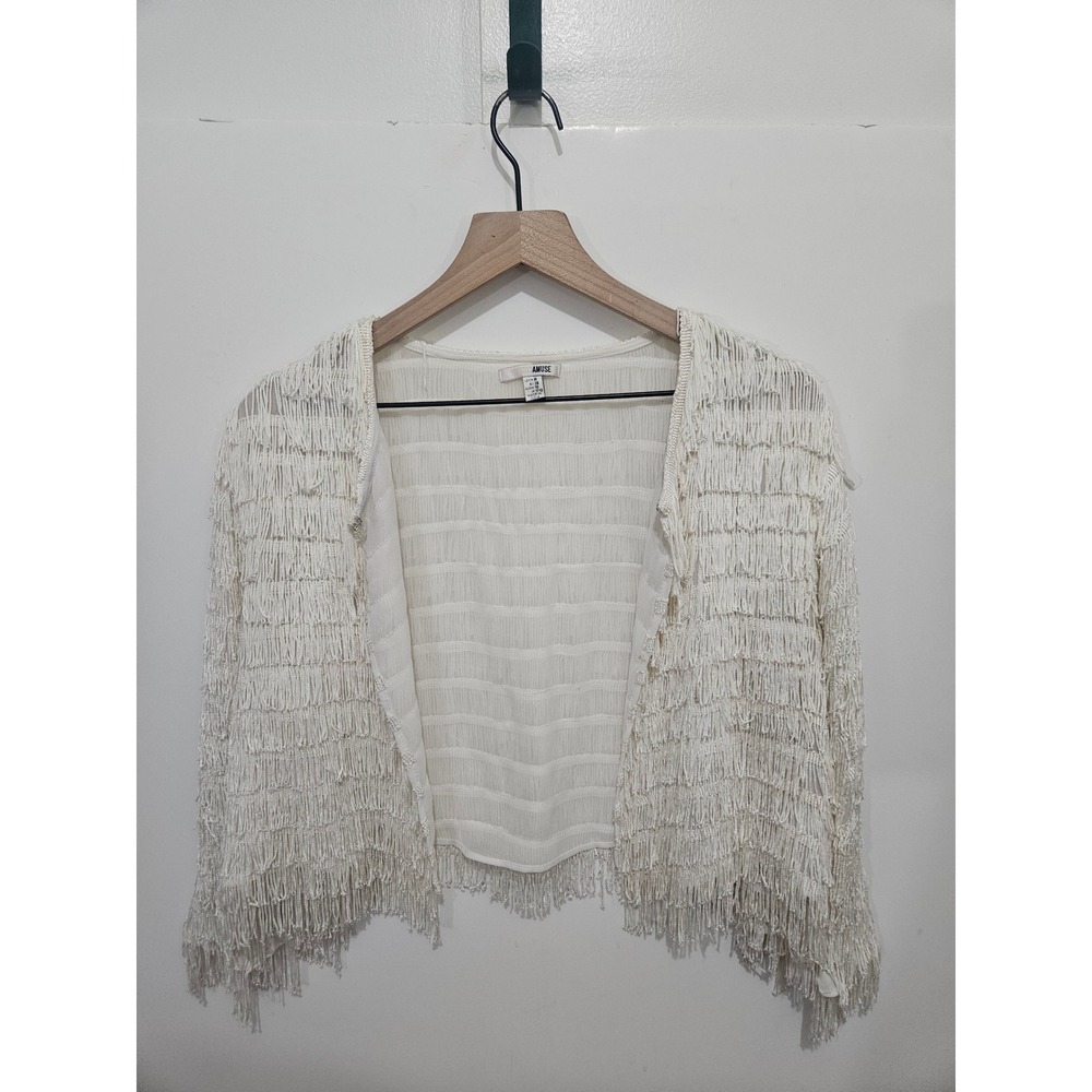 Amuse Society Cream Fringe Cropped Cardigan Jacket Boho Festival Off-White M